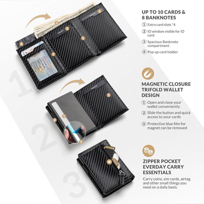 Шкіряний гаманець-картхолдер VULKIT з RFID-захистом, Pop-Up системою, відділенням для купюр, монет та вікном для ID, чорний