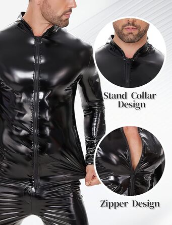 Чоловіча куртка з латексу/штучної шкіри Ausing: сексуальний мокрий ефект, slim fit, з блискавкою, для вечірок, танців, рейв, чорний, XL