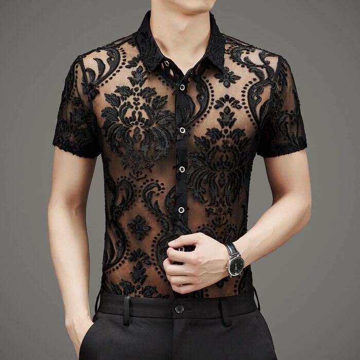 Прозора сорочка для чоловіків та жінок, сексуальна, з короткими рукавами, для нічного клубу, мереживна сорочка-сітка L CS02