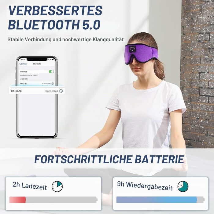 Bluetooth-маска для сну Schlafkopfhörer з 3D-ефектом та HD-стереодинаміками, регульована маска для сну та медитації, підходить для сну на боці, подорожей та йоги (Фіолетова)