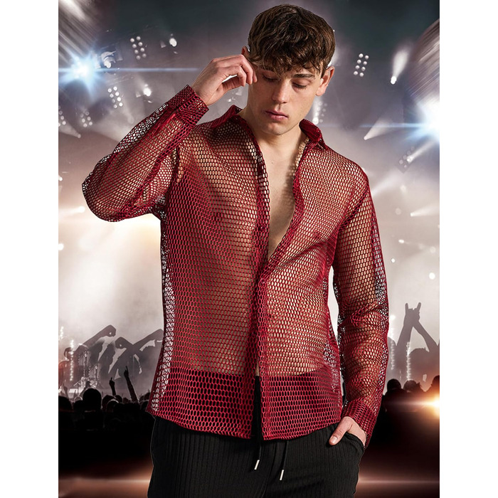 Чоловіча сітчаста сорочка AIEOE: прозора сорочка-сітка для вечірки, червона (XXL)