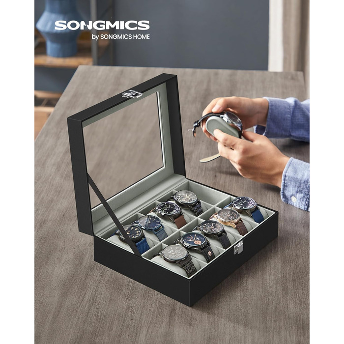 Бокс для годинників SONGMICS на 10 відділень з PU-шкіри та скляною кришкою, оксамитове покриття, чорний JWB010BK