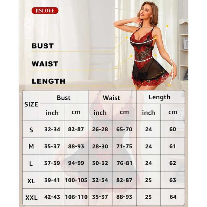 Babydoll RSLOVE для жінок: мереживна піжама, сексуальна нічна сорочка, чорний/червоний колір