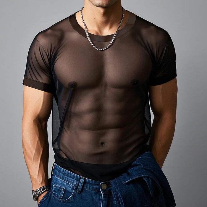 Чоловічий прозорий піжамний комплект YINYOUYU з мережива, з малюнком м'язів, чорний XL