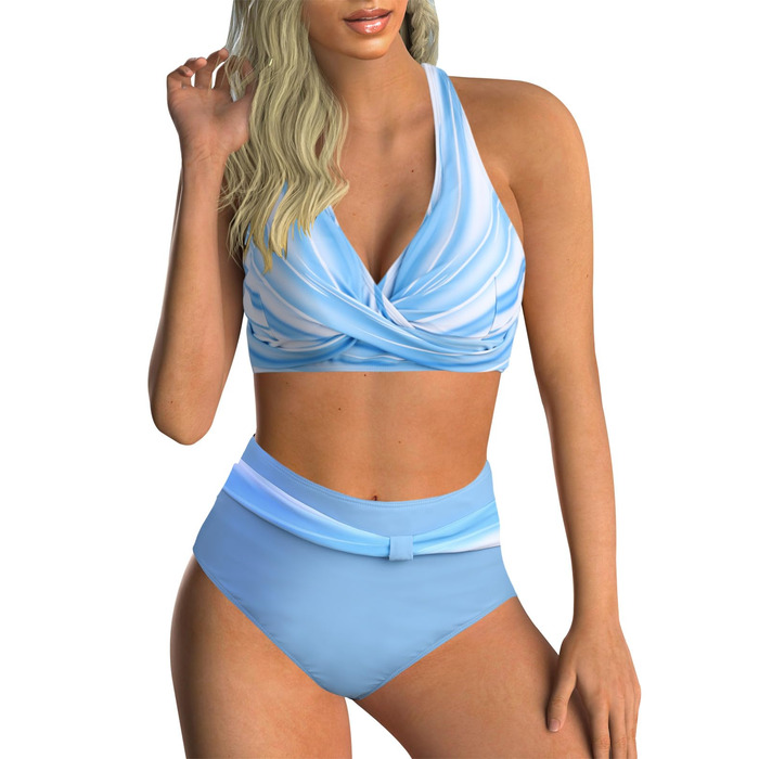 Двочастинний купальник Adigaber з V-подібним вирізом, перехресним візерунком, контроль живота, комплект (3XL, синьо-білий у смужку)