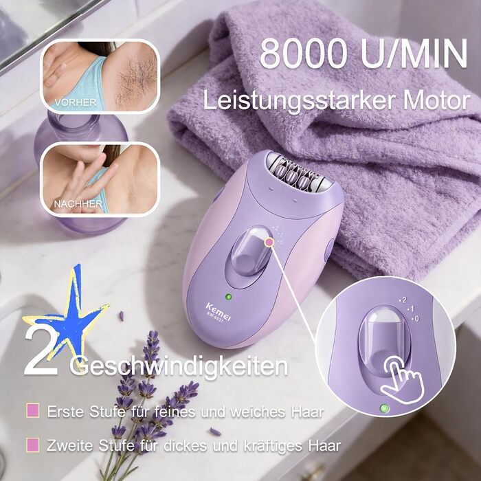 Епілятор Kemei 4-в-1 для жінок: електричний голельний набір з LED-підсвіткою, 4 насадки для обличчя, пахв та бікіні, масажер та пристрій для видалення мозолів (Фіолетовий)