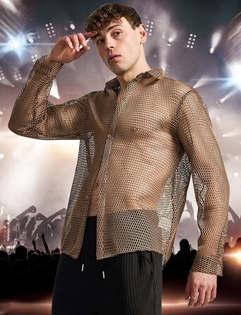 Чоловіча прозора сітчаста сорочка AIEOE: літня, мереживна, з довгим рукавом, для фестивалів, клубів, вечірок, костюм, коричневий