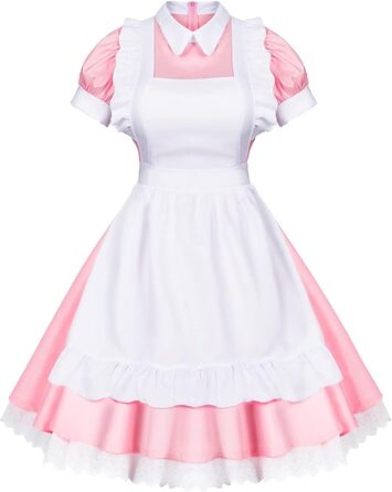 Костюм для косплею в стилі Аніме Лоліта, Французька служниця, Комплект з 6 предметів (Спідниця, рукавички, головний убір, шкарпетки), Синій (S, Рожево-червоний)