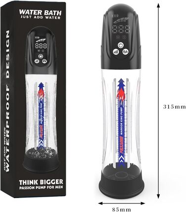 Електрична вакуумна помпа для збільшення статевого члена з акумулятором, LCD дисплеєм та USB-зарядкою - 20см Ø7см - для чоловіків, підтримка ерекції, тренування потенції