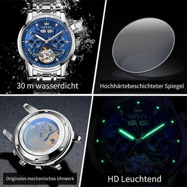 Чоловічий наручний годинник OLEVS Chronograph зі шкіряним ремінцем, японський кварцовий механізм, водонепроникний, класичний елегантний дизайн з датою (7088 Срібло/Синій)