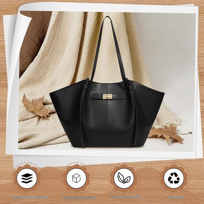 Жіноча сумка-шопер Tote Bag великого розміру, шкіряна сумка на плече з від’ємним ременем, вінтажна сумка для роботи, офісу та подорожей (Чорна)