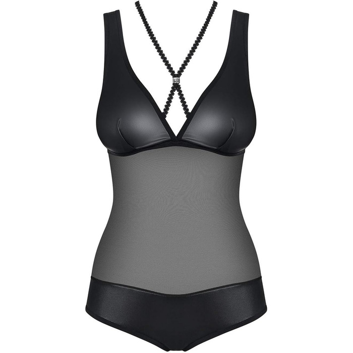 Тілесна обтисла тедді з прозорою сіткою Obsessive XL чорного кольору