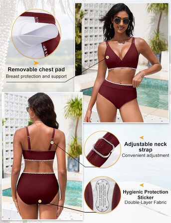 БІКІНІ ЖІНОЧИЙ ДВІ-ШТУЧКИ ПУШ-АП, ВИСОКА ТАЛІЯ, З БІЛИМ КРУЖИВОМ (БОРДОВИЙ, XL)