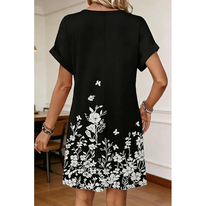 Жіноча літня сукня-футболка Swing з V-подібним вирізом та коротким рукавом, легка пляжна сукня з квітковим принтом (Чорна, S)
