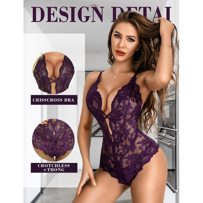 Сексуальна спідниця-боді Aranmei для жінок, мереживна спідниця-боді з глибоким V-поглибленням, відповідна спідниця-сліп, пурпурова S