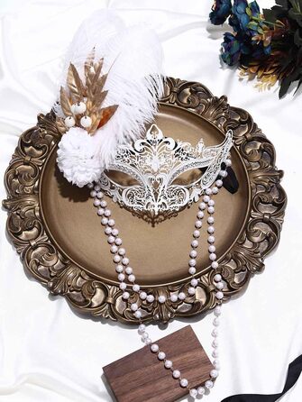 Маска для жінок IYOU, біла, з пір'ям та перловим намистом, для карнавалу, вечірки, балу