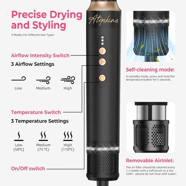 Мультифункціональний стайлер для волосся 7 в 1 Atopskins Airstyler Pro: фен з дифузором, круглі щітки, випрямляч та плойка для локонів Beach Waves, чорно-золотий