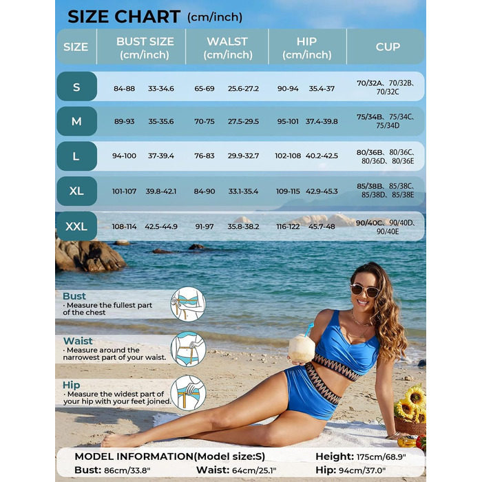 БІКІНІ Дамський Набір з Високою Талією, Бандо, Роздільний, Сексуальний V-Подібний Виріз, Пуш-Ап, Кольоровий Полосатий, Пляжний, Великі Розміри (Темно-синій, XL)