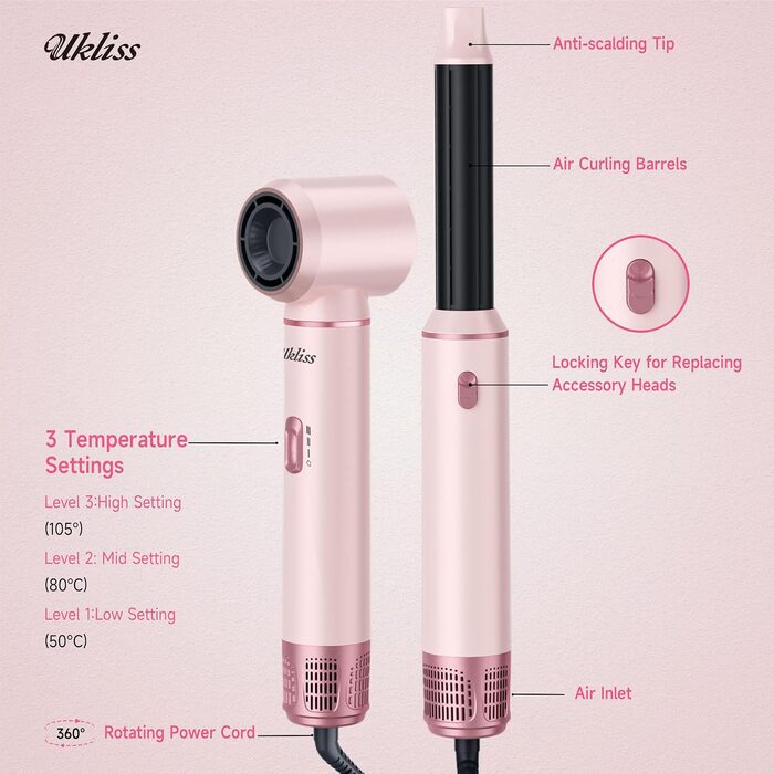 Мультистайлер для волосся 5 в 1 UKLISS Airstyler: фен, вирівнювач, круглі щітки та локони, чорний/рожевий