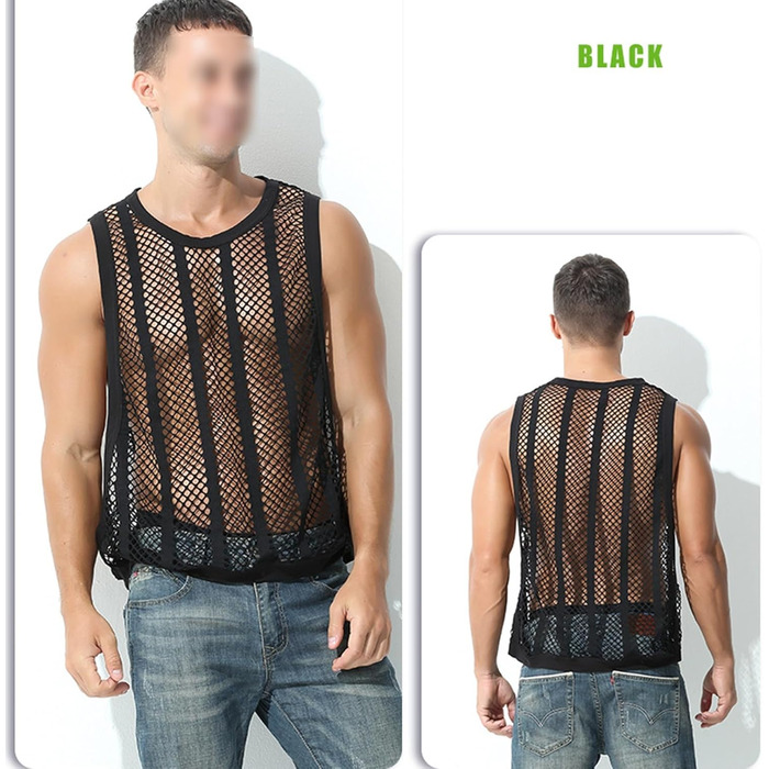 Чоловіча майка з сіткою, без рукавів, з принтом 'риба-сітка', прозора, чорна та біла (L)
