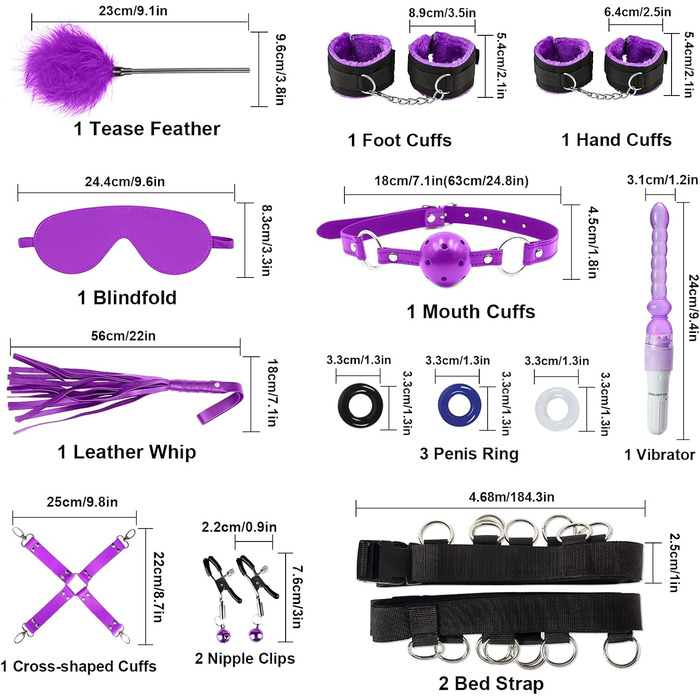 Набір для БДСМ: 14 елементів (кайдани, маска для очей, вібратор, кільця для пеніса). Іграшки для дорослих для жінок, чоловіків, пар.