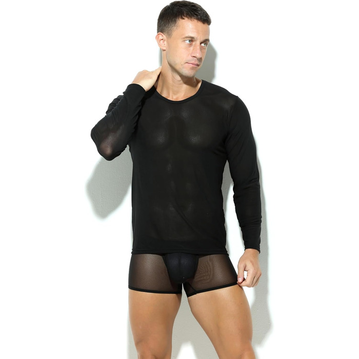 Чоловіча футболка з довгим рукавом, прозора, сітчаста, облягаюча, чорна (XXL)