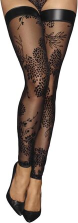 Чорні мереживні панчохи з квітковою вишивкою Noir Handmade, еластичні, XXL, матовий ефект wetlook