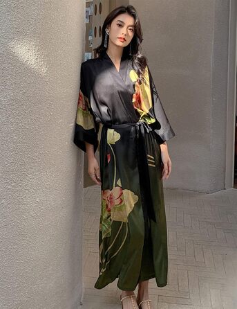 Жіночий халат з довгим рукавом з шовку та атласу, халат-кімоно з квітковим принтом, універсальний розмір (чорний, зелений з квітковим принтом)