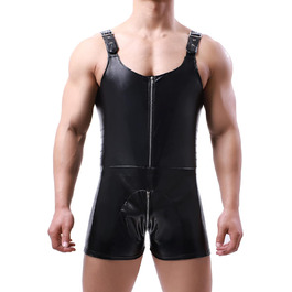 Чоловічі шорти QiaTi без рукавів, лосини на блискавці з екошкіри, боді з 2 кишенями, для повсякденного та клубного стилю, чорний, XL