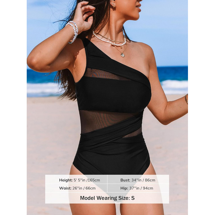 Купальник CUPSHE одноплечий з прозорою сіткою, драпірування, контроль живота, асиметричний, чорний