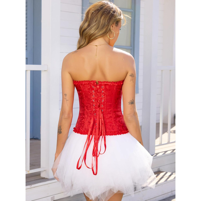 Корсет для жінок з повним бюстом, корсаж, готичний стиль, вінтаж, сатин з квітковим візерунком, бюстєль, топ-корсет для Хелловіну та карнавалу, S- (Червоний, 3XL)