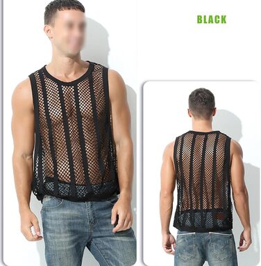 Чоловіча майка з сіткою, без рукавів, з принтом 'риба-сітка', прозора, чорна та біла (L)