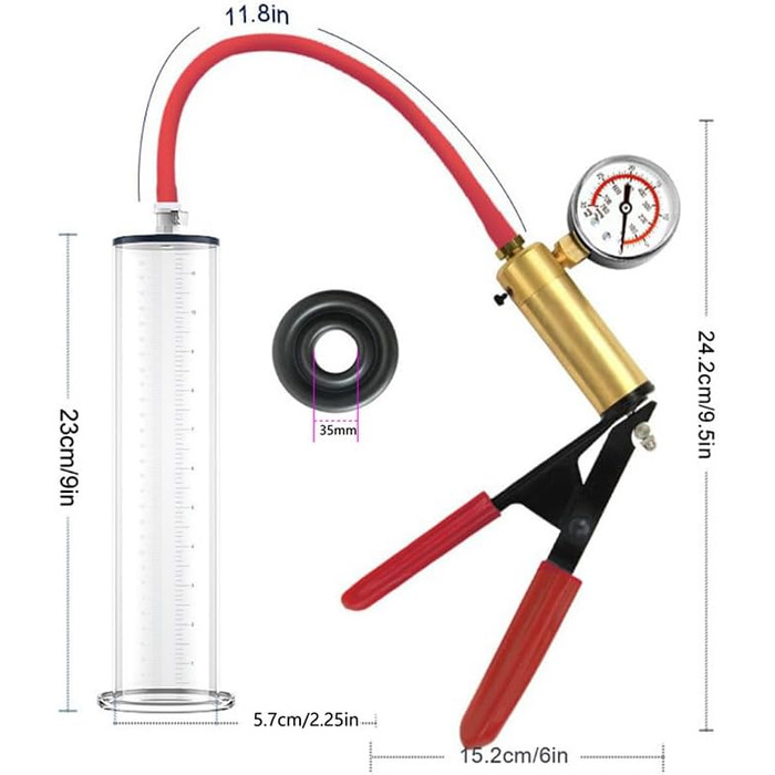Ручна помпа для збільшення пеніса з манометром та металевою ручкою – вакуумна помпа для збільшення, покращення ерекції та тренування витривалості, прозора помпа для чоловіків (23 * 6.4cm) (23*5.7cm)