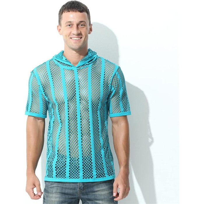 Чоловіча футболка з сітки, прозора, з короткими рукавами та капюшоном, Streetwear, спортивна, чорна