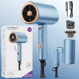 Професійний іонний фен для волосся 2000W з дифузором, 3 режими повітряного потоку, функція холодного обдуву та захист від перегріву, складаний, синій