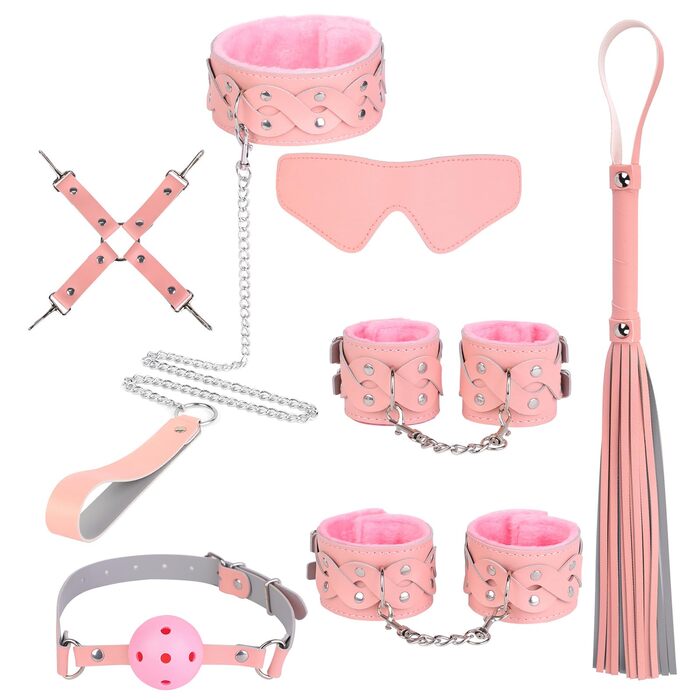 Набір для БДСМ для пар (7 предметів): плюшеві наручники, пов'язка на очі, батіг, пристосування для фіксації рота, іграшки для дорослих (рожевий)
