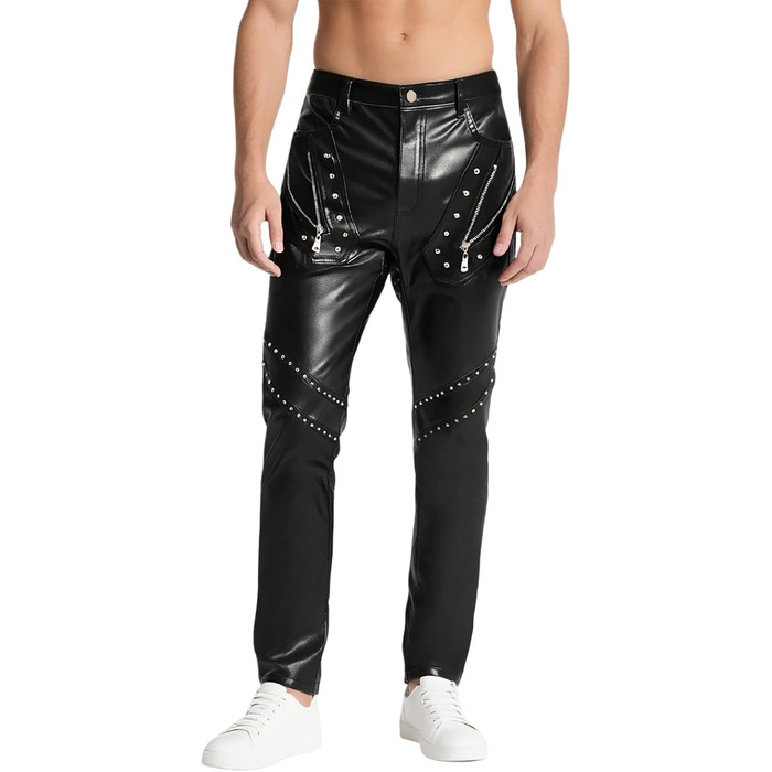 Чоловічі штани-легінси з еластичної шкірозамінної тканини Wetlook, Slim fit, для мотоциклів, вечірок, клубів (M, Чорний)