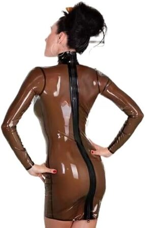 Латексний комбінезон з довгим рукавом, чорний, з чорною обшивкою, міні спідниця, високий комір, блискавка ззаду, XXL