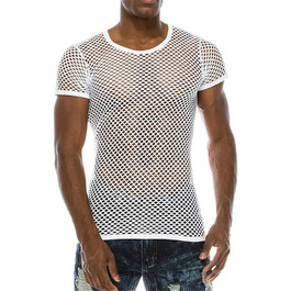 Чоловіча сітчаста футболка з прозорим дизайном, стильна, сексуальна, з короткими рукавами, для нічного клубу, вечірки, вуличної моди. Білий колір.