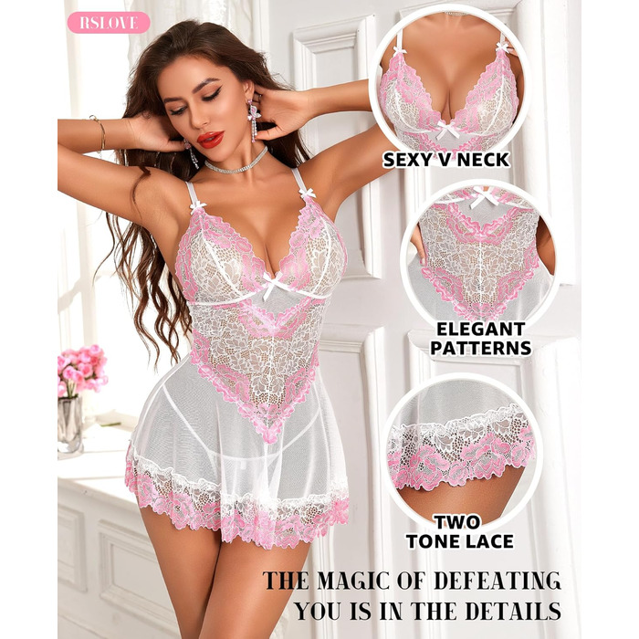 Babydoll RSLOVE для жінок: мереживний комплект сексуальної ніжної піжами (XXL, білий рожевий)