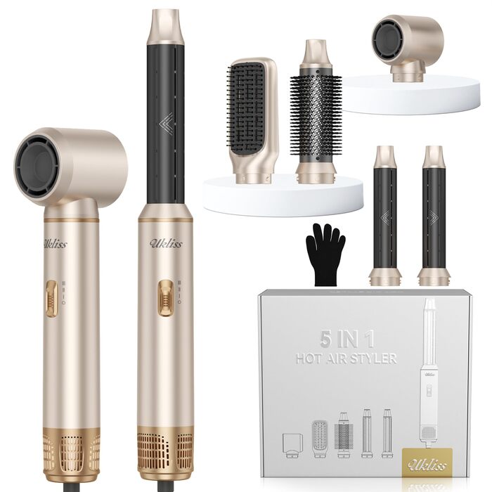 Мультистайлер для волосся 6 в 1 UKLISS Air Styler Set: фен-щітка, вирівнювач, локони та дифузор, 1000 Вт, LCD-дисплей, сріблясто-золотий