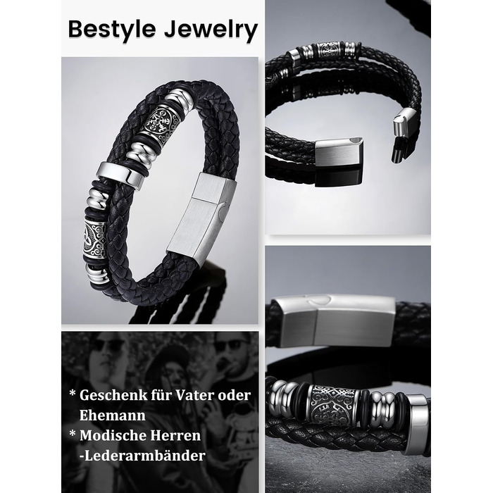 Шкіряний браслет для чоловіків Bestyle у стилі вікінга з магнітною застібкою з нержавіючої сталі, плетені аксесуари, сріблястий, 25 см