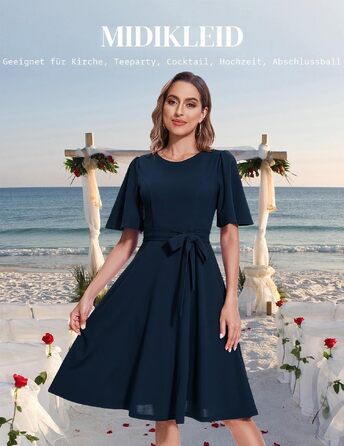 Елегантна коктейльна сукня Bbonlinedress міді з коротким рукавом та поясом, святкова сукня для вечірок та весіль, темно-синя (Navy), L