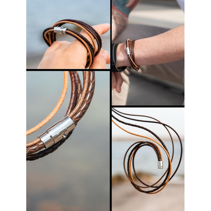 Шкіряний браслет Simaru Designer багатовитковий з магнітною застібкою з нержавіючої сталі, натуральна рослинна шкіра, Made in Germany (Розмір L, 17-18 см, Чорний)