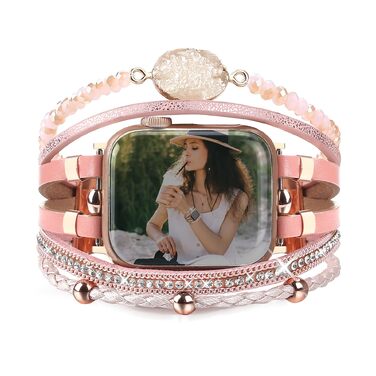 Шкіряний ремінець Boho для Apple Watch 38/40/41/42/44/45/46/49мм, багатошаровий браслет для iWatch Series 11 10 9 8 7 6 5 4 3 2 1 SE Ultra 1 2 3, рожевий