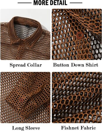 Чоловіча прозора сітчаста сорочка AIEOE: літня, мереживна, з довгим рукавом, для фестивалів, клубів, вечірок, костюм, коричневий