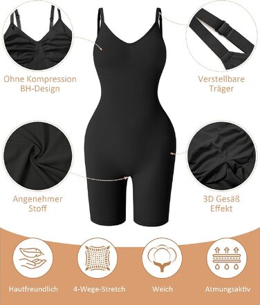 Коригуючий боді для жінок Werena Shapewear — безшовний утягуючий одяг для живота та стегон, формуючий боді-шорти з регульованими бретелями, чорний, розмір L