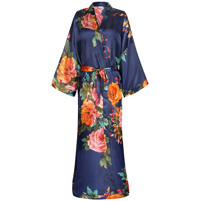 Халат жіночий Goodmansam, довгий, квітковий сатин, кімоно, для весілля, вечірній, нічний (XL-XXL, Джинсовий блакитний)
