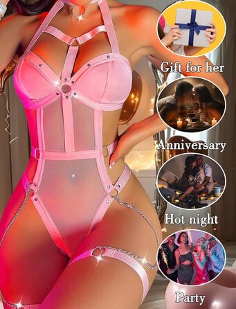 Body жіночий FEOYA з вирізом, сітчаста тканина, прозорий, одноцільний, шкіряне трикотажна білизна для косплею, вечірки, клубу (Рожевий виріз, S)