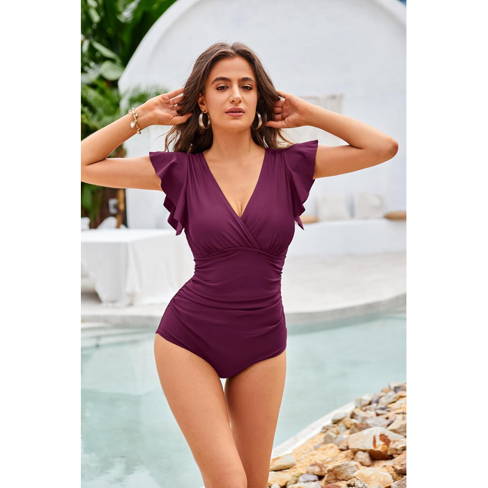 GRACE KARIN купальник жіночий корегуючий, суцільний, V-подібний виріз, монокіні, фігурна майка, рукава-крила, літній, одноцільний (XXL, пурпуровий)